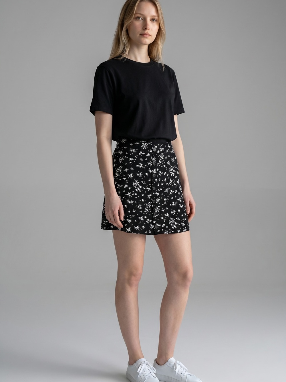 Garage - EC -  Black Mini Skirt with White Floral Print
